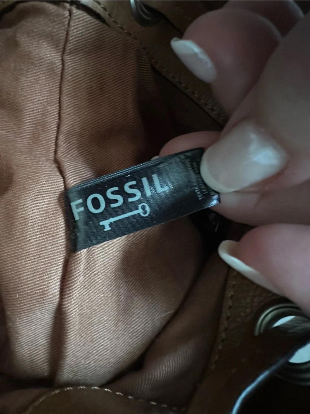 Fossil Beige Patterned Drawstring Bucket Bag with Brown Trim - Picture 16 of 16